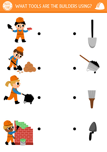 Construction site shadow matching activity with builders and tools. Building works puzzle. Match the silhouette game, printable worksheet. Repair service match up page with brush, wheelbarrow