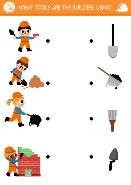 Vector illustration of Construction site shadow matching activity with builders and tools. Building works puzzle. Match the silhouette game, printable worksheet. Repair service match up page with brush, wheelbarrow