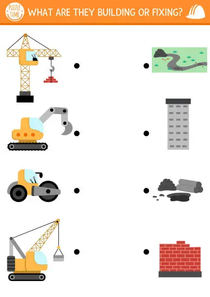 Vector illustration of Construction site matching activity with special technics and the objects they are fixing or building. Building works puzzle, game, printable worksheet. Repair service match up page