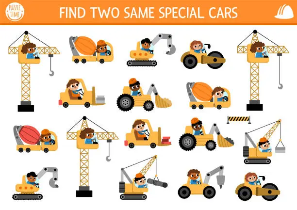 Vector illustration of Find two same special cars. Construction site matching activity for children. Building works educational quiz worksheet for kids for attention skills. Simple printable game with cute vehicles