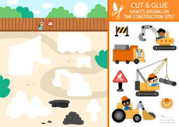 Vector illustration of Vector construction site cut and glue activity. Crafting game with cute building works landscape. Fun printable worksheet for children. Find the right piece of the puzzle. Complete the picture