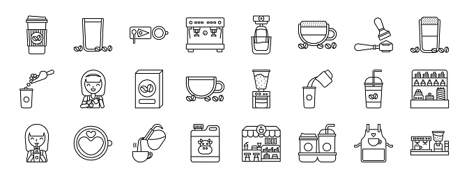 set of 24 outline web coffee shop icons such as coffee cup, coffee, break, hine, espresso, latte, tamper vector icons for report, presentation, diagram, web design, mobile app