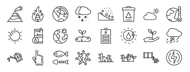 Vector illustration of set of 24 outline web climate change icons such as volcano, burning tree, geothermal, snow, landslide, recycle bin, sunny vector icons for report, presentation, diagram, web design, mobile app