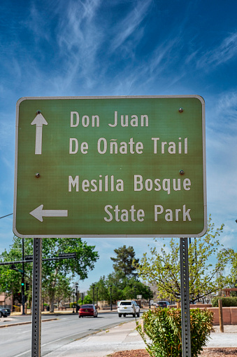 Sign for Don Juan De Onate Trail and Mesilla Bosque State Park on Rte 28 in Mesilla NM