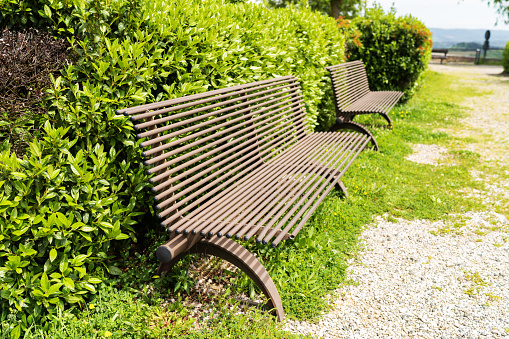 Wooden bench at pubic park in summer season with nice design in Italy