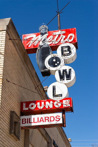 Crystal Lake, Illinois - United States - April 8th, 2024: Vintage bowling alley sign in downtown Crystal Lake, Illinois, USA.