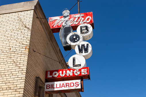 Crystal Lake, Illinois - United States - April 8th, 2024: Vintage bowling alley sign in downtown Crystal Lake, Illinois, USA.