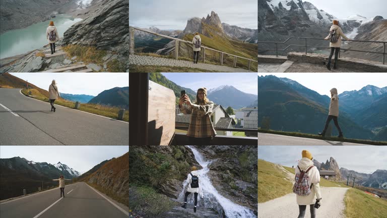 Diverse collection of woman traveler walks in different locations in the Alps in Italy and Austria. Creative mosaic video from different places in the Alps