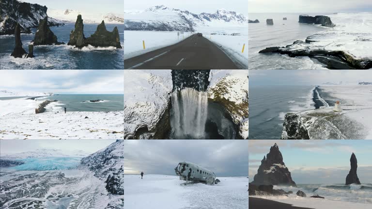 Diverse collection of videos from Iceland. Video of waterfalls, glaciers, hot springs and friends traveling through Iceland at winter in famous places. Creative diverse collection video storyboard