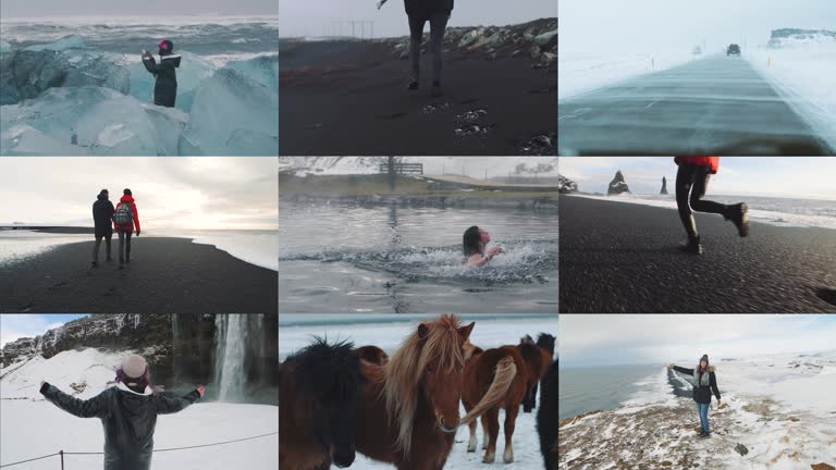 Diverse collection of a group of tourist friends traveling around Iceland to famous places such as Reynisfjara Beach, Slheimasandur dc 3 plane wreck, diamond beach. Creative diverse collection video storyboard