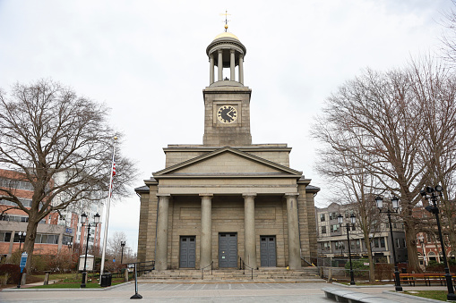 United First Parish Church, known as The Church of the Presidents and Old Stone Temple. The church is the burial place of presidents John Adams and John Quincy Adams and their wives Abigail Adams and Louisa Catherine Adams. Church volunteers operate tours of the historical building from April to November and group tours are available upon request.
