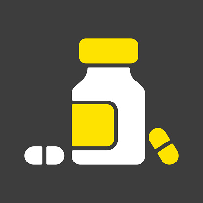 Medicine bottle and pills vector glyph icon on dark background. Medicament. Medicine and medical support sign. Graph symbol for medical web site and apps design, logo, app, UI