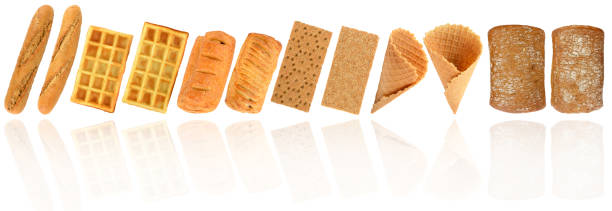 Collection freshly baked bread products isolated on white Collection freshly baked bread products isolated on white background. ice cream with wafer rolls stock pictures, royalty-free photos & images