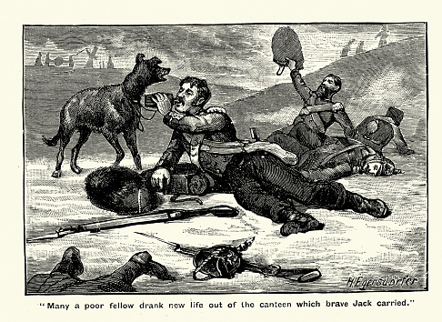Vintage illustration British army regimental mascot, dog bringing water to thirsty soldiers, Crimean War 19th Century
