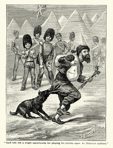 Vintage illustration British army regimental mascot, pet dog, pulling on man trousers, Crimean War 19th Century