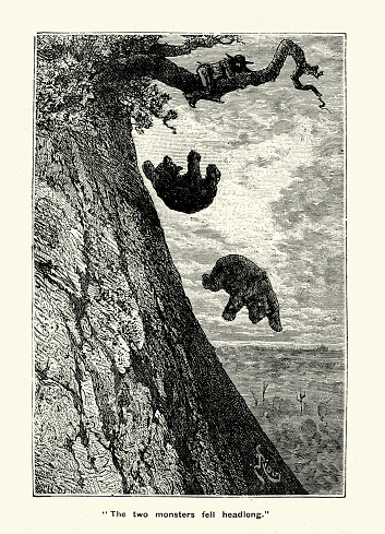 Vintage illustration Man escaping up a tree from two bears, American Wild West 19th Century