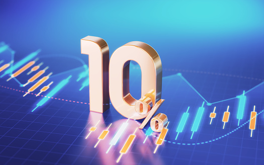 3d render 10 Percent Symbol sitting on Business and Financial and Technical Data Chart (Depth of field)