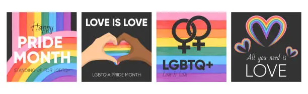 Vector illustration of Set of square watercolor abstract LGBTQ posters or greeting cards with rainbow flag, hearts and typography on a black background. LGBTQ pride month 2024. Social media post vector templates.