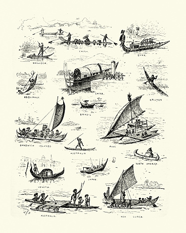 Vintage illustration Sketches of types of small boats, canoes,, Victorian 19th Century