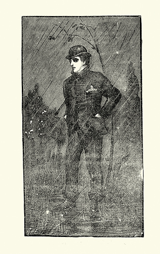 Vintage illustration Young man out in a rain storm getting wet, Bad Weather, Victorian 19th Century