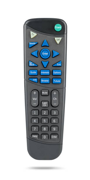 istock Black satellite receiver remote control, isolated on white background. Front view. File contains a path to isolation. 2148538421