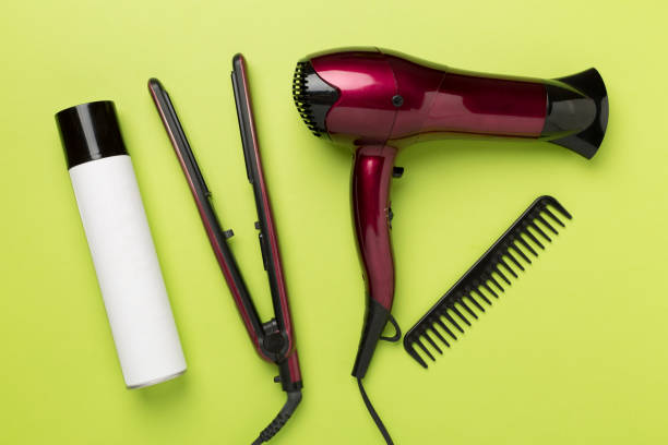 istock Hair tools with thermo protection on color background, top, view 2148538813