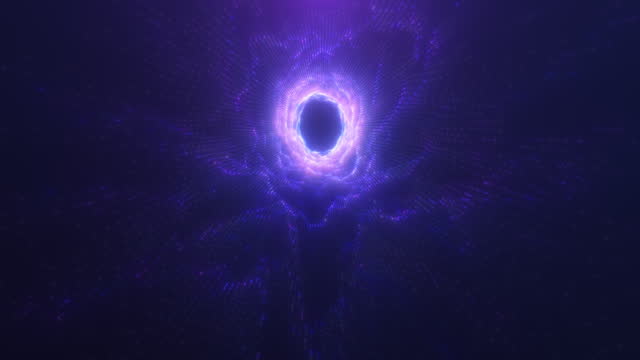 Abstract digital flow of Sci Fi glowing purple enegy tunnel on dark background. Magical, futuristic, particles, lines, neon, cyberspace, technology, wormhole, VJ. 4K, 60fps looped screensaver.