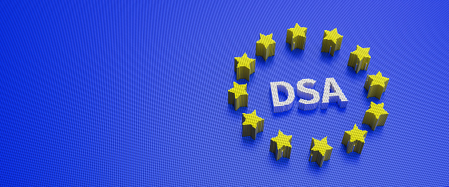 The European Digital Services Act concept. The letters DSA surrounded by yellow stars as in the European flag on blue background. Pins representing the digital nature of the legislation.