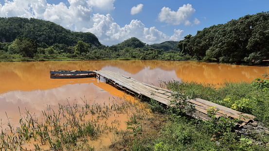 Muddy water pond on the way from the Mirador 3 Valles Lookout to Viñales town featuring a rustic, plank gangway jutting into the pool to form a fragile mooring for a basic, hand made rowboat. Cuba.