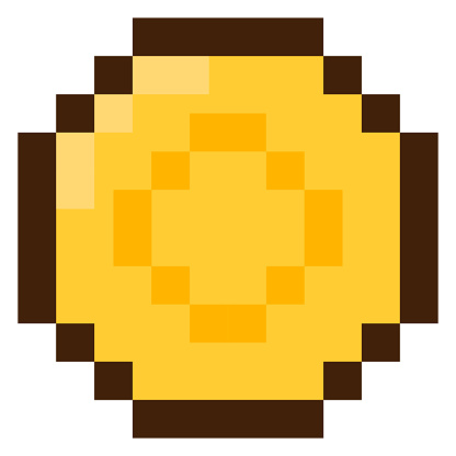 Coin for 8-bit games. Vector icon in pixel art style