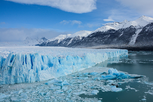 Landscape of the Perito Moreno Glacier below the snow-capped Andes mountains of Patagonia, Argentina