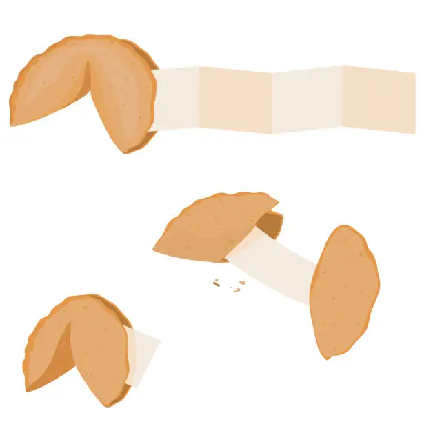 Vector illustration of three fortune cookies with blank pieces of paper to introduce luck. Chinese tradition.