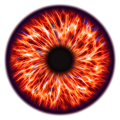 Illustration of a red electrify human iris on white background. Digital artwork creative graphic design.