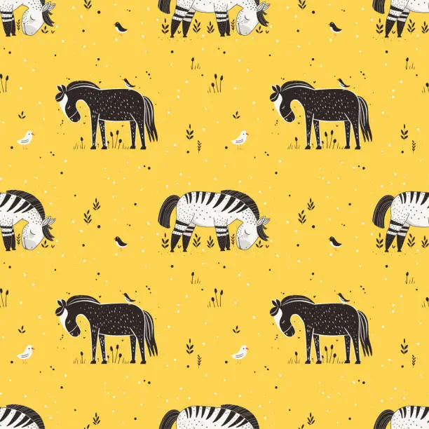 Vector illustration of Cartoon horses in the pasture, seamless vector pattern