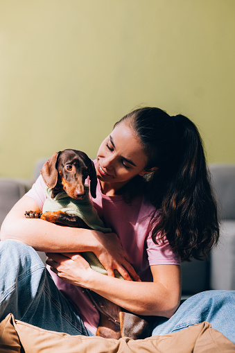 A young female in a casual pink shirt enjoys a tender moment with her chocolate brown dachshund, portraying companionship and love between pet and owner.