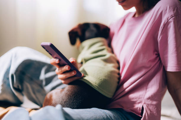 istock Relaxed Woman with Dog Browsing on Smartphone at Home 2148542570