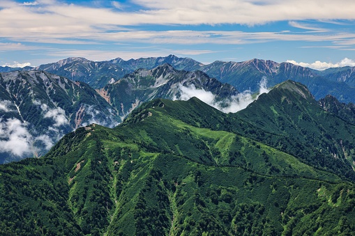 The ridgeline of the Tateyama mountain range in the Northern Alps in Japan
