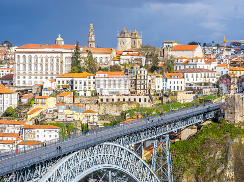Aerial view of Luiz I bridge at cloudy morning, Porto