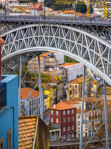 Close-up view of Luiz I bridge in Porto
