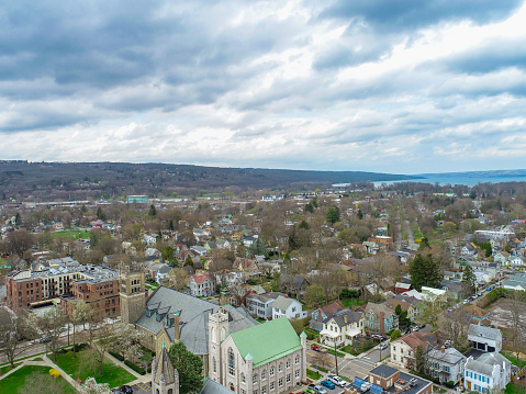 Ithaca, NY, USA 04-11-2024: Afternoon spring aerial photo view of Downtown Ithaca New York.
