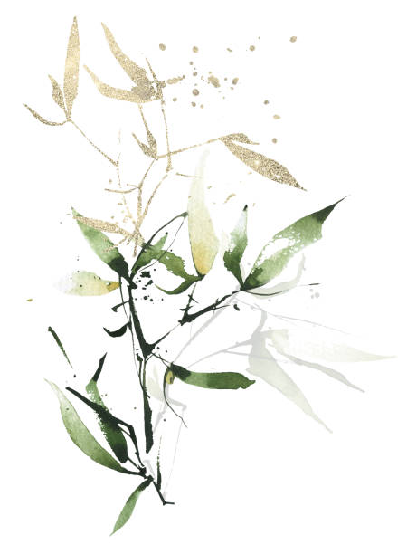 istock Watercolor exotic greenery bouquet. Green bamboo branches, leaves and golden texture twigs. 2148545477