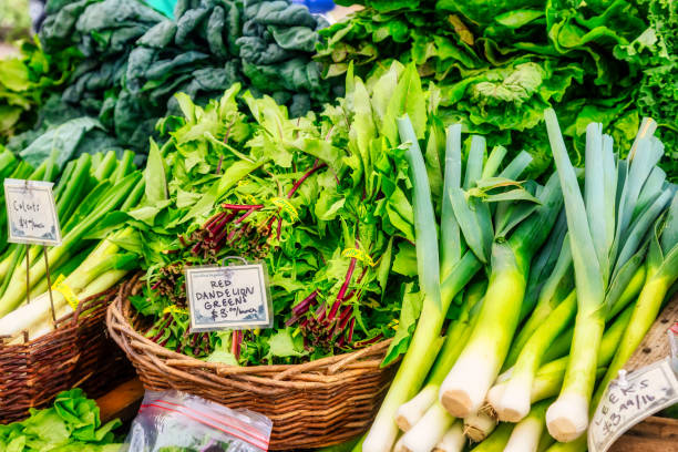 Red Dandelion Greens and Leeks at the farmer's market