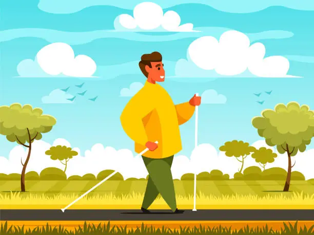 Vector illustration of Man walks along a country road