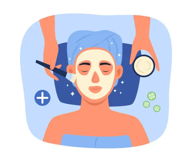 Vector illustration of Cosmetologist Applying Cosmetic Mask on Woman's Face in Spa Salon for Skincare Concept Illustration