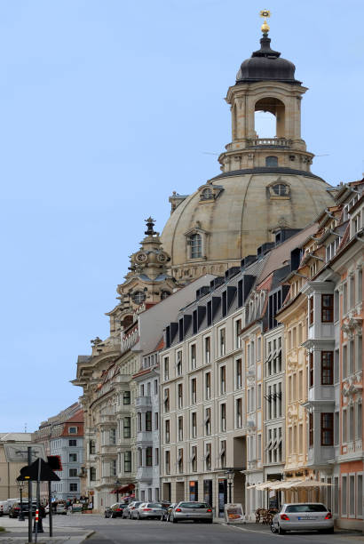 The Dresden Frauenkirche early in the winter morning light up by the morning sun.