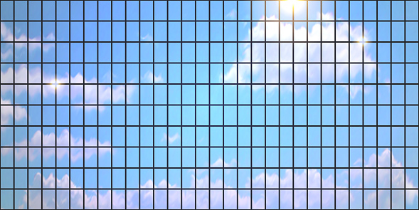 A high-rise building mirror front reflects the sun glare and the clouded sky. Panoramic glass. Background pattern with an urban or corporate vibe. Gradient mesh in a vector illustration