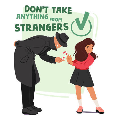 Suspicious Stranger Character In A Black Coat And Hat Offers Candy To A Little Schoolgirl, Who Wisely Refuses, Illustrating The Danger and Risk Of Kidnapping Lures. Cartoon People Vector Illustration