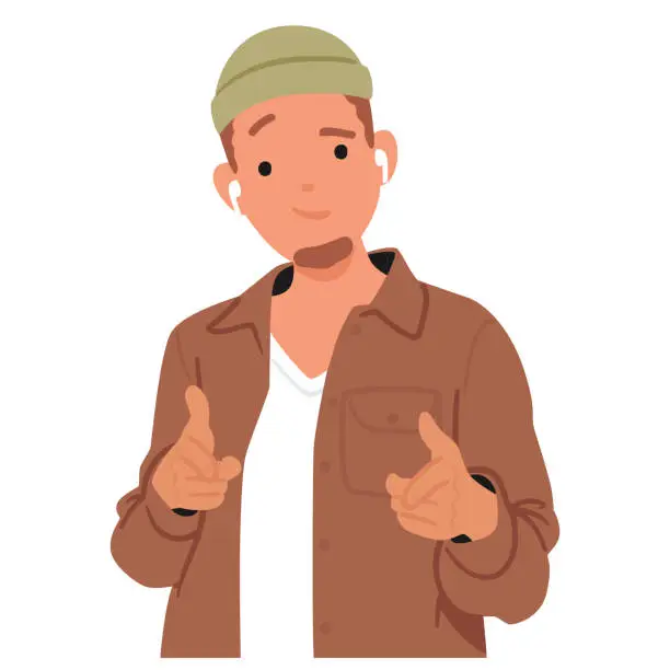 Vector illustration of Confident Male Character in Hipster Clothes with Extended Index Fingers, Directs Toward The Viewer, Vector Illustration