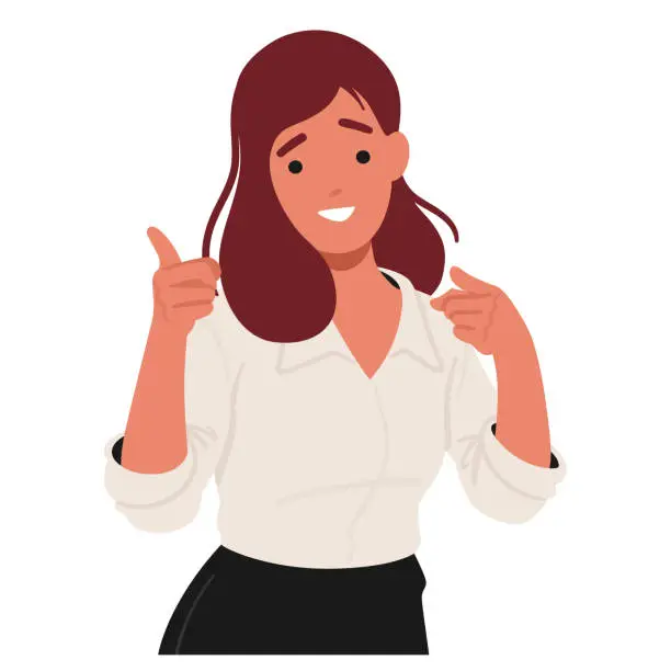 Vector illustration of Businesswoman Character with Confident Smile, Her Index Fingers Pointing Directly At The Viewer, Radiating Assurance