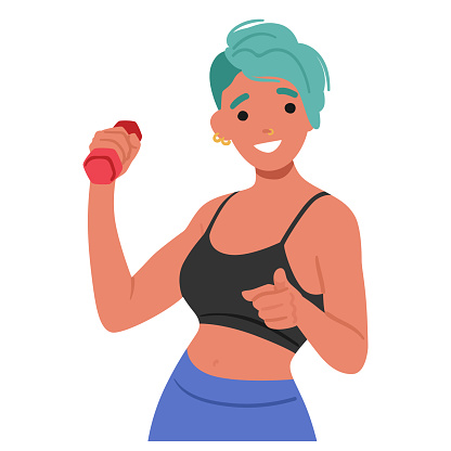 Smiling Woman With Dumbbell In Hand Point Forward, Motivating Viewer To Workout. Happy Sportswoman Character Exercise With Equipment. Sport And Training Concept. Cartoon People Vector Illustration